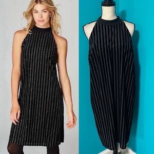 NWT J. Jill 1X Black Silver Striped Velvet Halter Neck Sleeveless Dress